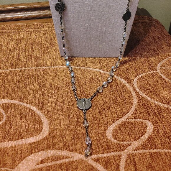 Vintage Italy Silver Tone Aurora Borealis Faceted Crystal Bead Rosary Our Lady - Picture 6 of 6